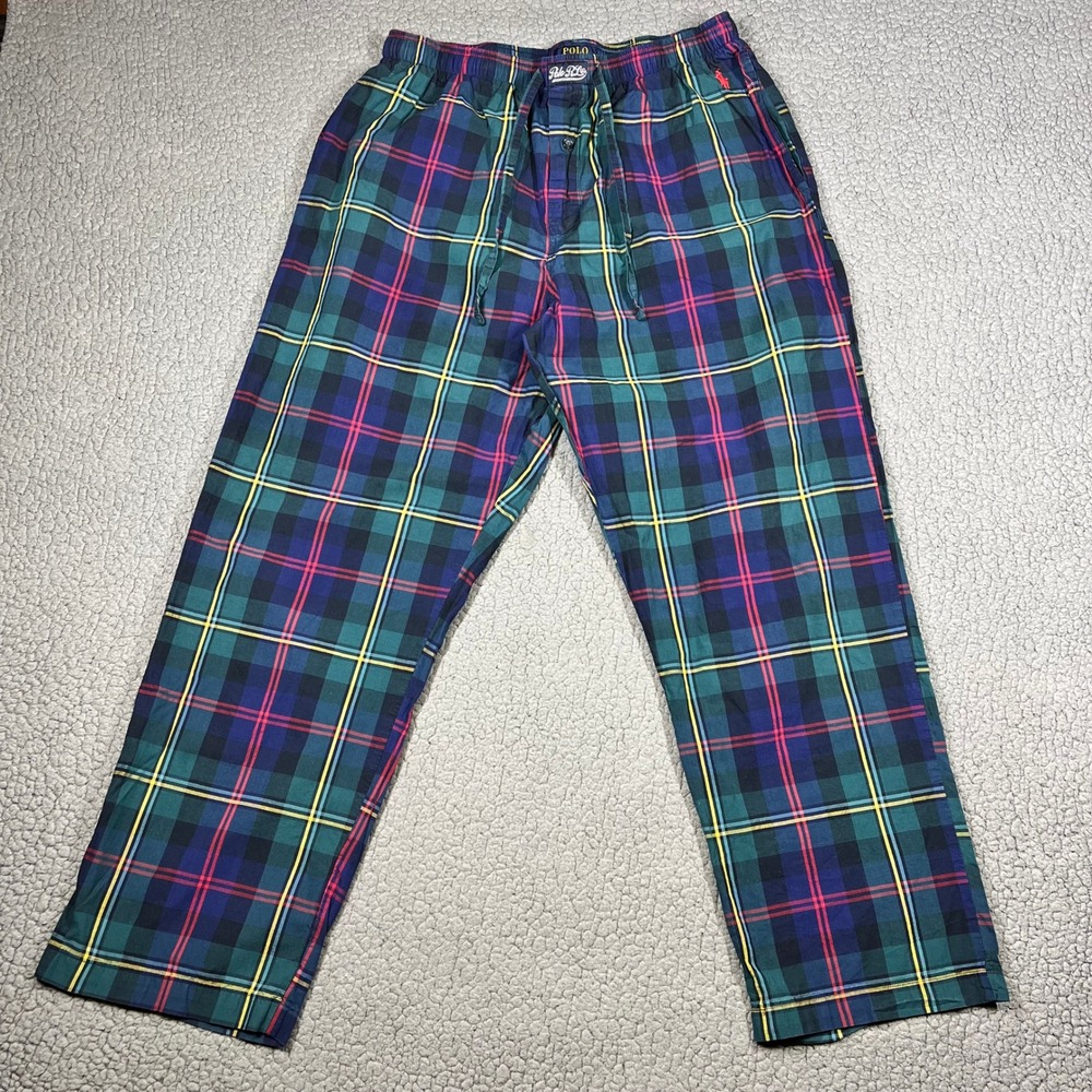 Polo Ralph Lauren Men Large Green Plaid Sleepwear Pajama Pants Drawstring Pocket